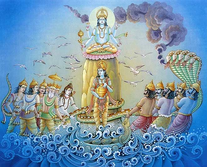 devas and asuras doing samudra manthan for obtaining elixir of immortality (amrit)